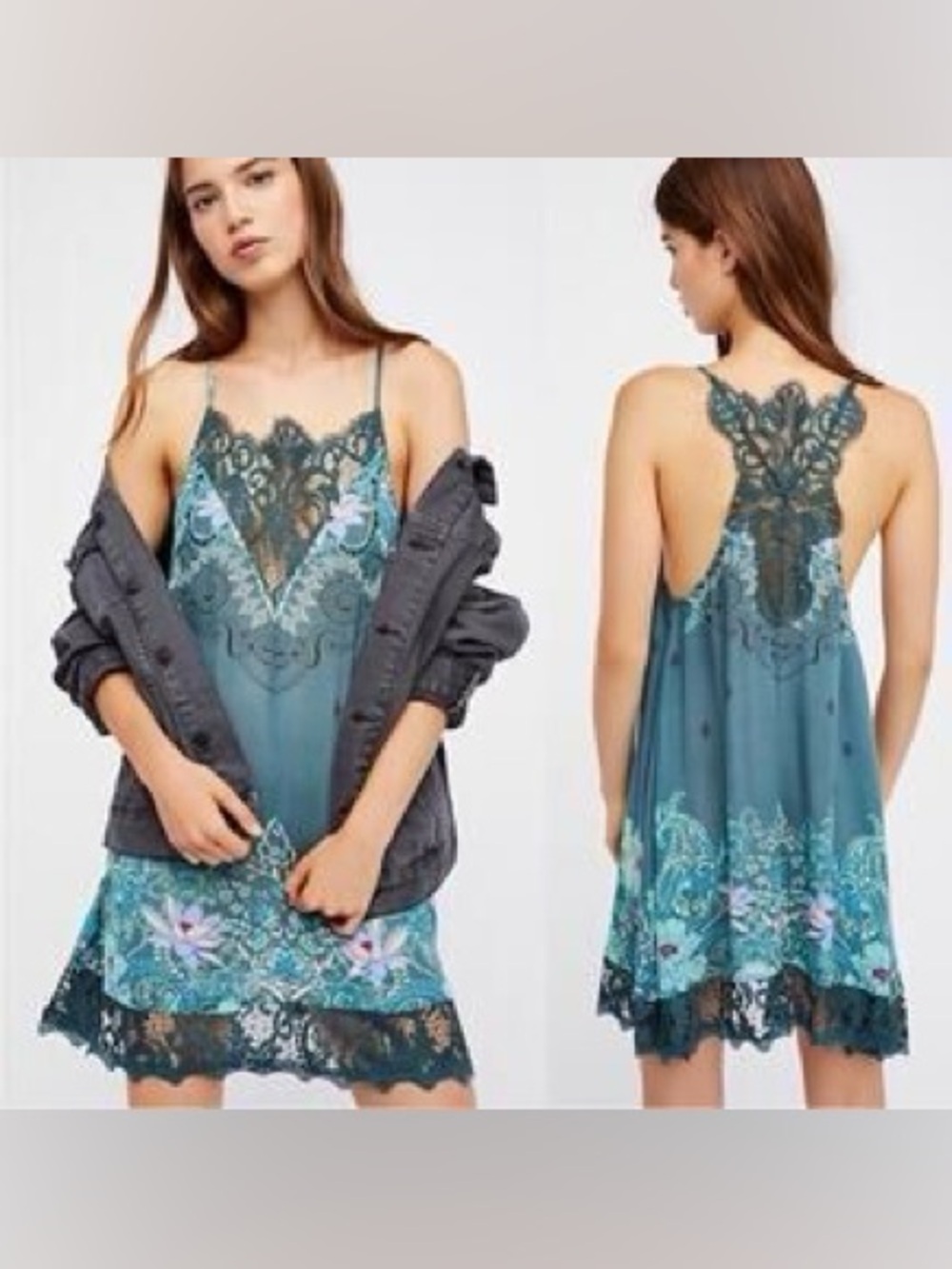 Free People Lace-Trim Teal Slip